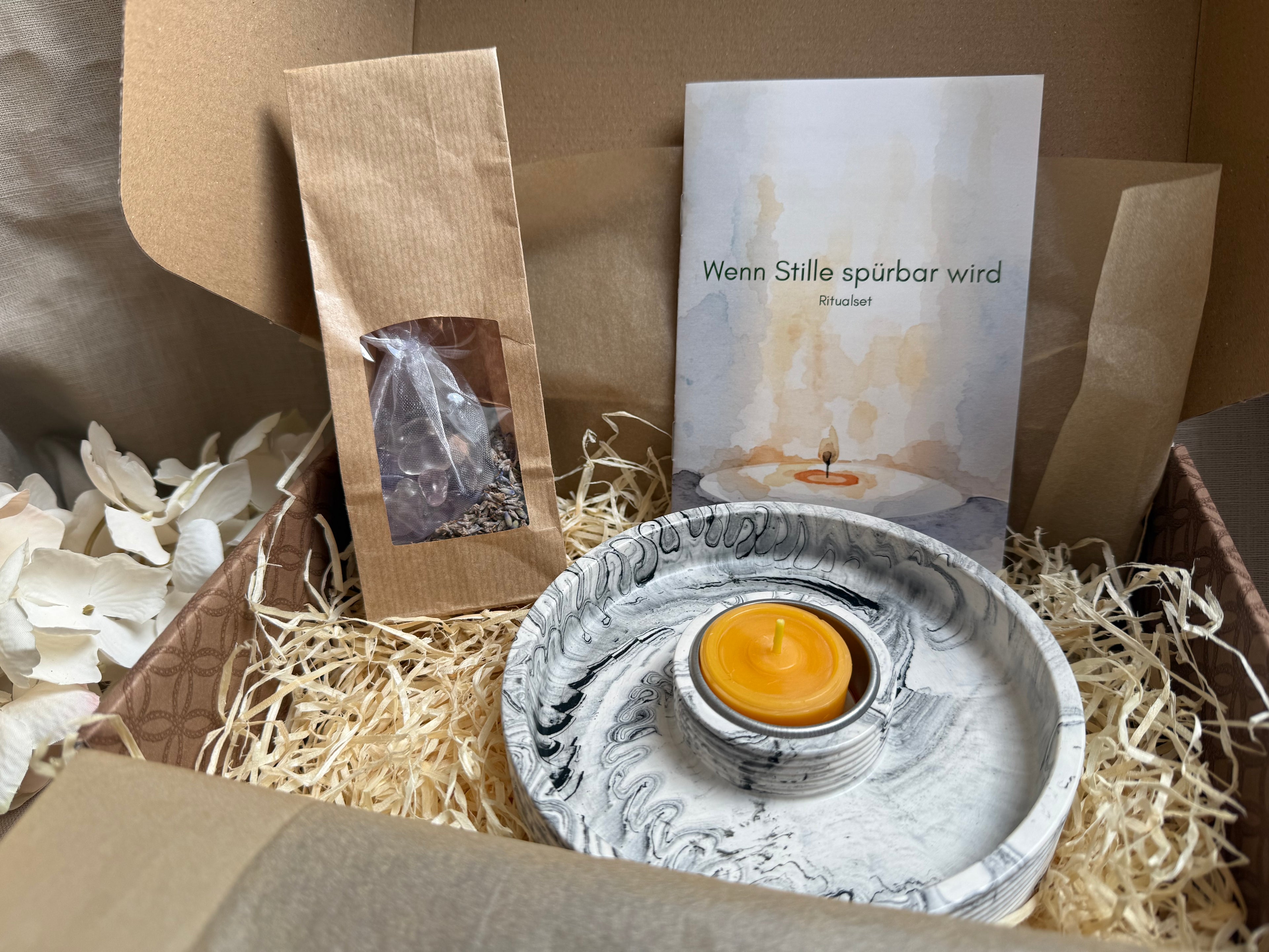 Ritualset Teelicht – Stille schwarz marmoriert